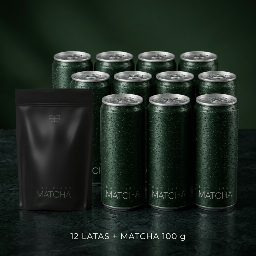 Pack de 12 latas But First Matcha y un sobre de matcha en polvo de 100 g